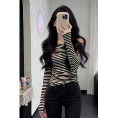 批发韩系穿搭复古条纹镂空一字肩t恤巨好看特别漂亮掐腰上衣