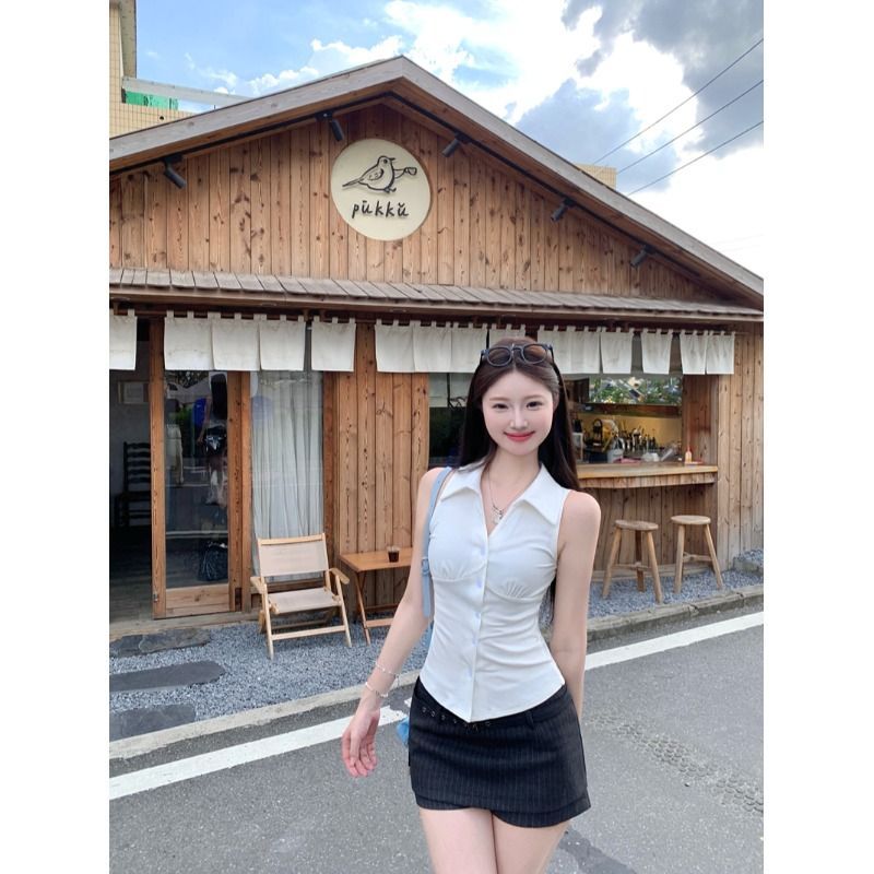 40 좋은 면 순수한 욕망 바람 디자인 센스 싱글 줄 버튼 민소매 행침 목 조끼 여성 허리 수축 맨위