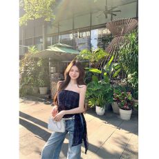 批发复古格<b class='q'>纹</b>无袖抹胸背心女夏季绑带修身辣妹风显瘦上衣