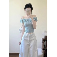 批发夏一整套松弛韩系洋气减龄荷叶边一字肩<b class='q'>上衣</b><b class='q'>牛仔</b>裤两件套