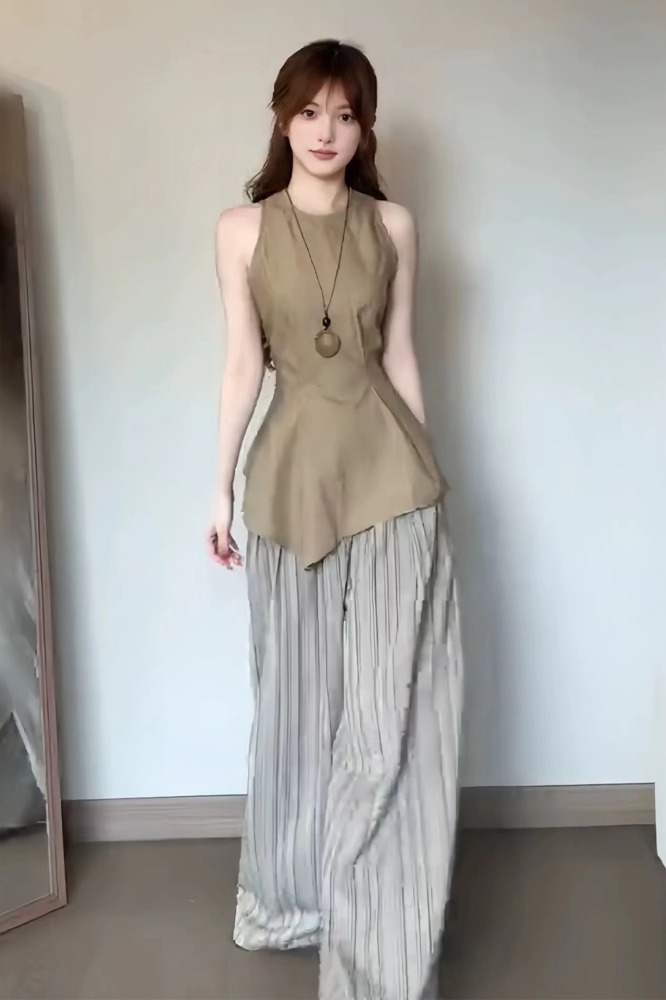 품격 전체 집합 ootd 착용 가져 가라. 여름 출퇴근 바람 카키 색 민소매 맨위 와이드 레그 팬츠 투피스 슈트