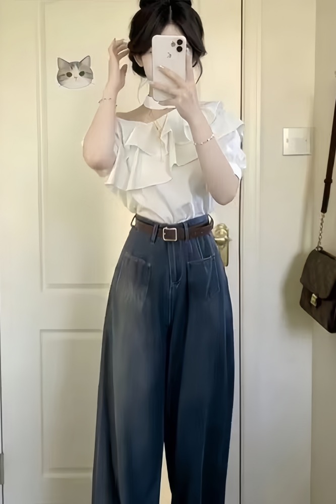 전체 집합 ootd 착용 가져 가라. 오프숄더 프릴 맨위 하이웨이스트 와이드 레깅스 바지 투피스 세트 슬림해 보이는 세트