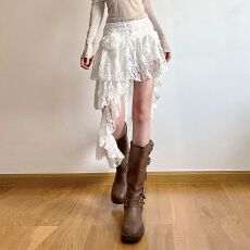 批发不规则蕾丝<b class='q'>半身裙</b>小个子高腰白色a字蛋糕短裙子防走光裙裤