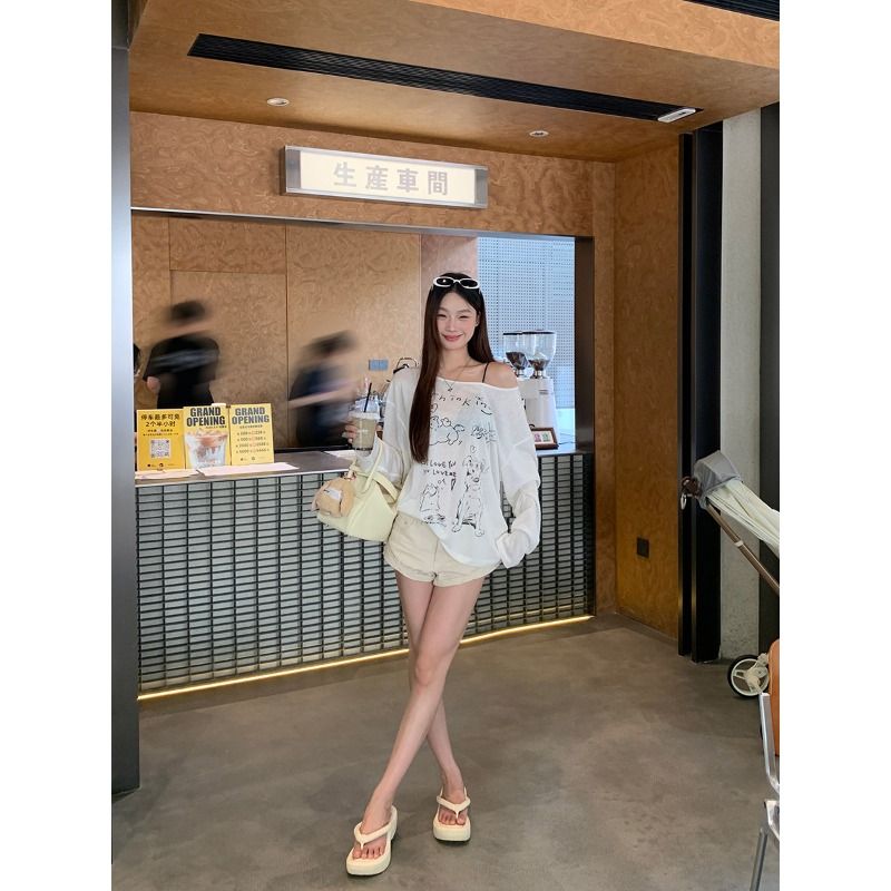 대나무 마디 리브 자외선 차단 블라우스 여성 긴 소매 티셔츠 디자인 센스 화이트 오프숄더 비스듬한 어깨 의류