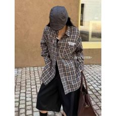 批发春<b class='q'>装</b>新款美式复古撞色格子设计万针刺绣字母老钱风衬衣