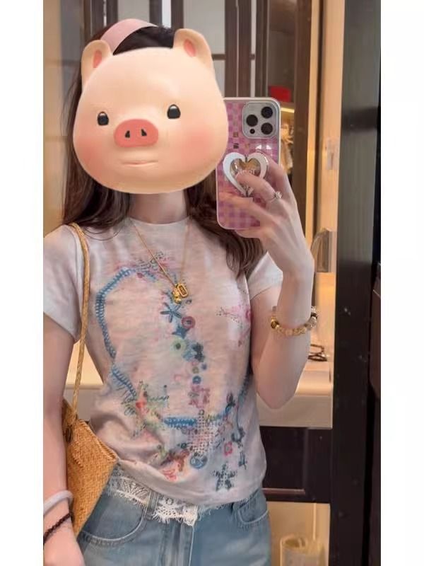 원본 원단 순수한 욕망 바람 달콤함 낙서 쇼트 스타일 티셔츠 디자인 센스 패션 슬림해 보이는 반팔 맨위