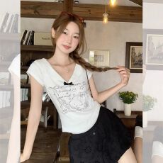 批发270克人棉  甜妹<b class='q'>娃娃领</b>短袖<b class='q'>T</b><b class='q'>恤</b>女正肩夏显瘦少女印花蝴蝶结小上衣