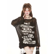 批发美式高街破洞黑色长袖针织罩衫女宽松休闲夏日松弛感<b class='q'>t</b><b class='q'>恤</b>上衣<b class='q'>潮牌</b>