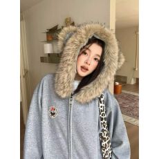 批发美式学院风小熊耳朵毛领夹克<b class='q'>男</b>女秋季潮牌百搭情侣棒球服宽松<b class='q'>外套</b>