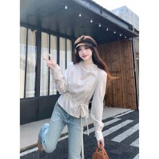 批发【原版面料】韩系轻熟不对称荡领系带衬衫女秋冬简约收腰显瘦上衣