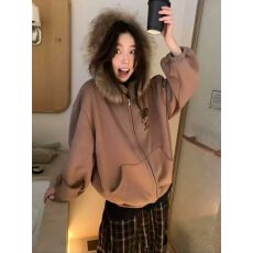 批发2025新款复古毛领连帽秋冬外套设计慵懒宽松卫衣INS开衫