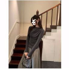 批发莫代尔260克 美式百搭褶皱设计感长袖T恤女修身显瘦打底内搭上衣