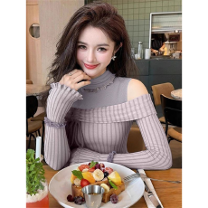 批发【原版人棉磨毛坑条210克】<b class='q'>露肩</b>秋冬季喇叭袖设计感上衣女