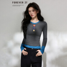 人棉270克 撞色假两件长袖T恤女秋冬新款修身显瘦内搭打底衫上衣