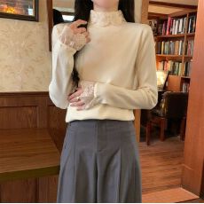 批发【40支酷丝绵1×1】韩系蕾丝拼接高领新款显瘦修身温柔打底上衣女