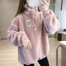 批发秋冬<b class='q'>时尚</b>新款加绒立领卫衣女欧货宽松百搭上衣洋气外套