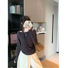 批发【原版兔毛面料】波点拼接斜肩长袖女秋季别致假两件露肩上衣