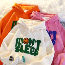 批发纯棉华棉复合牛奶丝 薄款连帽<b class='q'>卫衣</b>女字母刺绣<b class='q'>中长款</b>欧货