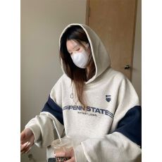 批发纯棉面复合牛奶丝 薄款连帽卫衣女撞色拼接字母印花大码外套