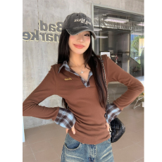 批发【原版做法】设计感polo领长袖<b class='q'>针织衫</b>女秋<b class='q'>假两件</b>格子拼接打底上衣