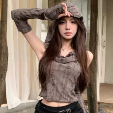 批发原版破洞布 废土风破洞设计感连帽袖套t恤女背心甜辣<b class='q'>短款</b>上衣