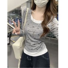 天丝羊绒假两件蝴蝶印花长袖针织衫夏季设计感收腰显瘦上衣女