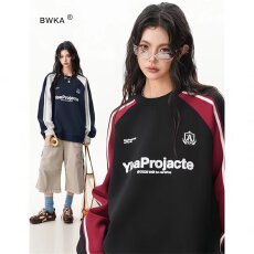 批发美式撞色拼接卫衣<b class='q'>女</b>生2026新款潮牌宽松休闲圆领长袖套头上衣