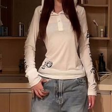 批发广州雪花棉  新款美式罩衫女<b class='q'>t</b><b class='q'>恤</b>夏连帽透气长袖修身上衣辣妹防晒