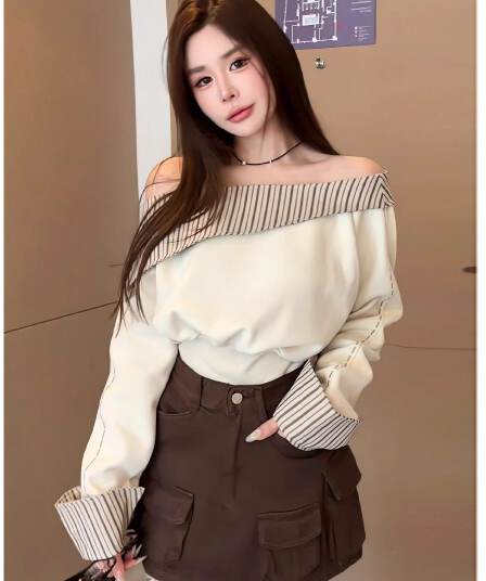 원본 남자 바 면 체크무늬 패치워크 비스듬한 칼라 긴팔 후드티 여성 허리 수축 슬림해 보이는 쇼트 스타일 순수한 욕망 맨위