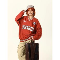 批发美式复古球衣<b class='q'>卫衣</b><b class='q'>男</b>女街头宽松运动bf风字母刺绣v领套头长袖上衣