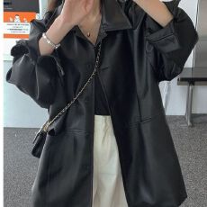 批发26韩国帅气翻领单排扣皮衣外套女秋季新款宽松<b class='q'>百搭</b>仿皮夹克上衣