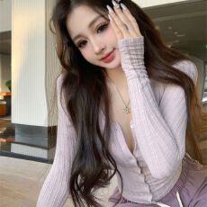 批发200克阳光绒 芋泥紫色长袖<b class='q'>开衫</b>芭蕾风内搭打底衫低u领<b class='q'>短款</b>上衣女