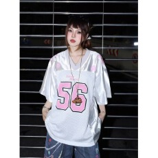 批发<b class='q'>嘻哈</b>复古vibe拼接网面56号球衣短袖美式街头宽松运动透气<b class='q'>T</b><b class='q'>恤</b>女