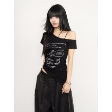 批发美式辣妹斜肩露肩上衣女韩版高级感印花黑色短袖<b class='q'>紧身</b>收腰夏季<b class='q'>T</b><b class='q'>恤</b>