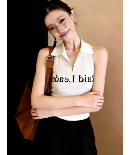 원본 원단 아메리칸 POLO 칼라 민소매 검정색 섹시함 이슬 뼈의 조끼 여름 새로운 여성