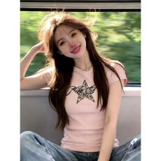 批发【40支纯棉罗纹210<b class='q'>克</b>1*1+刺绣】复古五角<b class='q'>星</b>字母设计感t恤