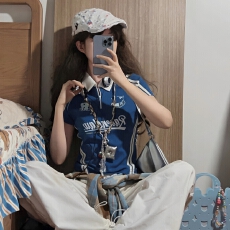 批发210克95棉40s奥戴尔 <b class='q'>街头</b>甜酷风POLO领翻领短袖t恤女潮牌