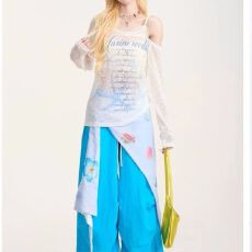 批发卡通印花季新款露肩假两件斜肩<b class='q'>蕾丝</b>长袖T恤女夏微透防晒罩衫上衣