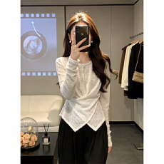 批发原版雪花棉亚麻面料原版做工慵懒风长袖T恤交叉不规则圆领<b class='q'>防晒</b>女