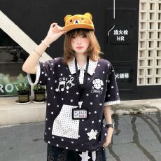 批发原版做法搭配挂绳【纯棉+原版<b class='q'>衬衫</b>领子】波点小狗挂牌<b class='q'>假两件</b>短袖