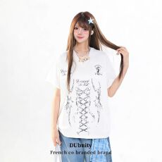 批发美式时尚潮流辣妹上衣缎面网纱拼接宽松V领短袖T恤<b class='q'>女休闲</b>半袖套头