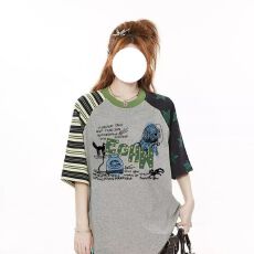 批发【220g<b class='q'>纯棉</b>】螺纹领口 +后包边 插肩袖星星印花短袖<b class='q'>T</b><b class='q'>恤</b>女