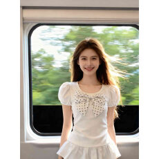 批发人棉260克 爆款可爱泡泡袖蝴蝶结<b class='q'>T</b><b class='q'>恤</b>短袖女修身荷叶边设计感上衣