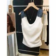 批发美拉德<b class='q'>牛仔</b>拼接带胸垫吊带女夏季新款设计感美背<b class='q'>上衣</b>