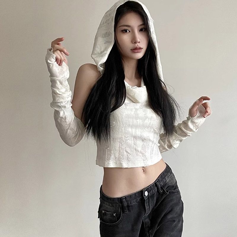 찢어진 부분 천 불모지 바람 달콤한 핫걸 쇼트 스타일 소매 커버 맨위 여성 여름 조끼 후드 기본 셔츠 티셔츠