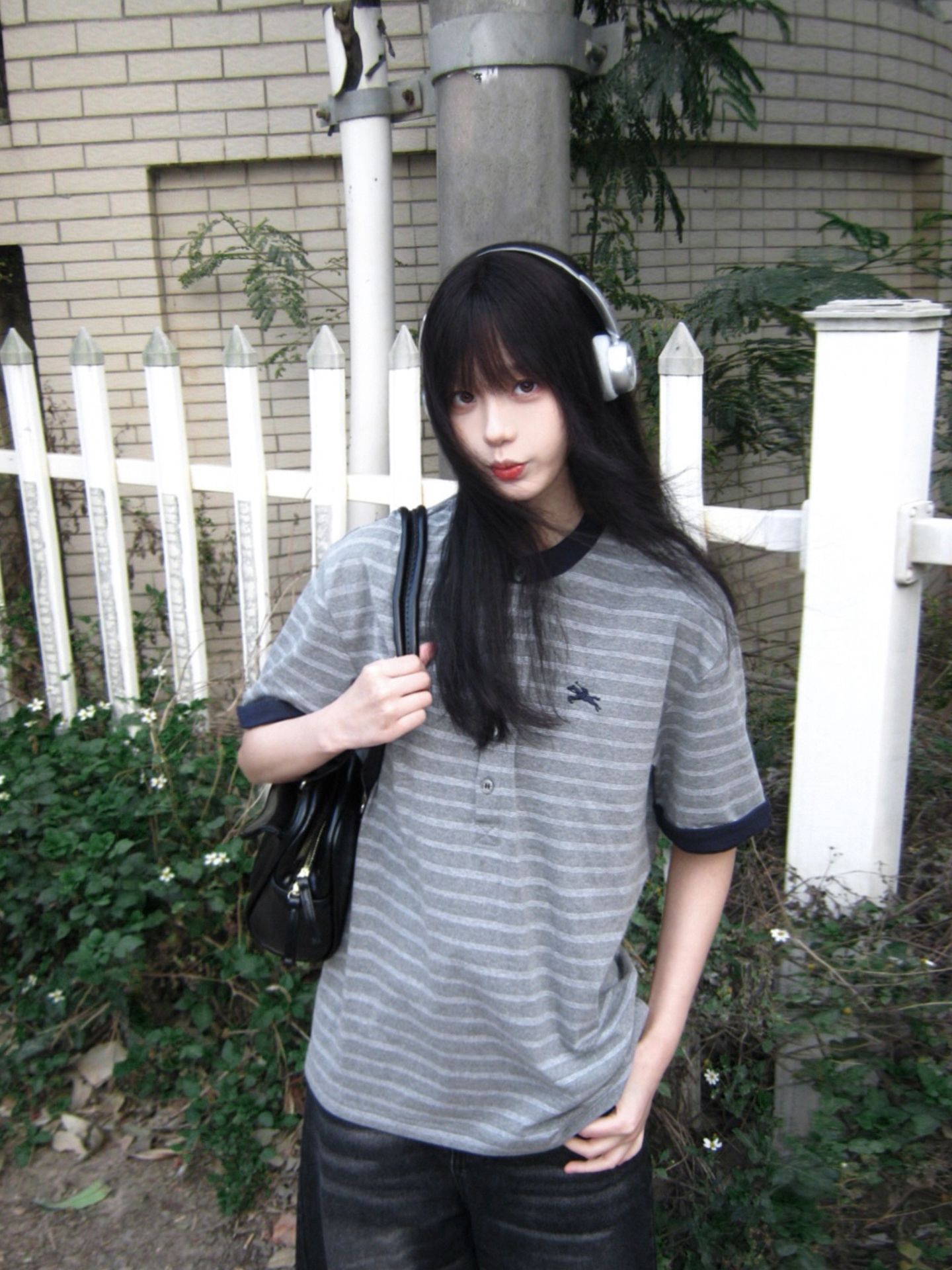 헨리 칼라 뒤집다 소매 스트라이프 반팔 티셔츠 여성 여름 아메리칸 레트로 루즈핏 캐주얼 다용도 맨위