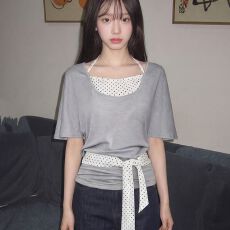 批发韩系复古挂脖T恤女夏季慵懒<b class='q'>蝙蝠</b>袖假两件波点短袖辣妹显瘦上衣