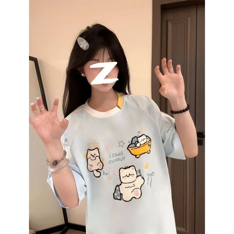 220g 순면 리브 네클라인 이후 테두리 원본 것 자수 알파벳 반팔 티셔츠