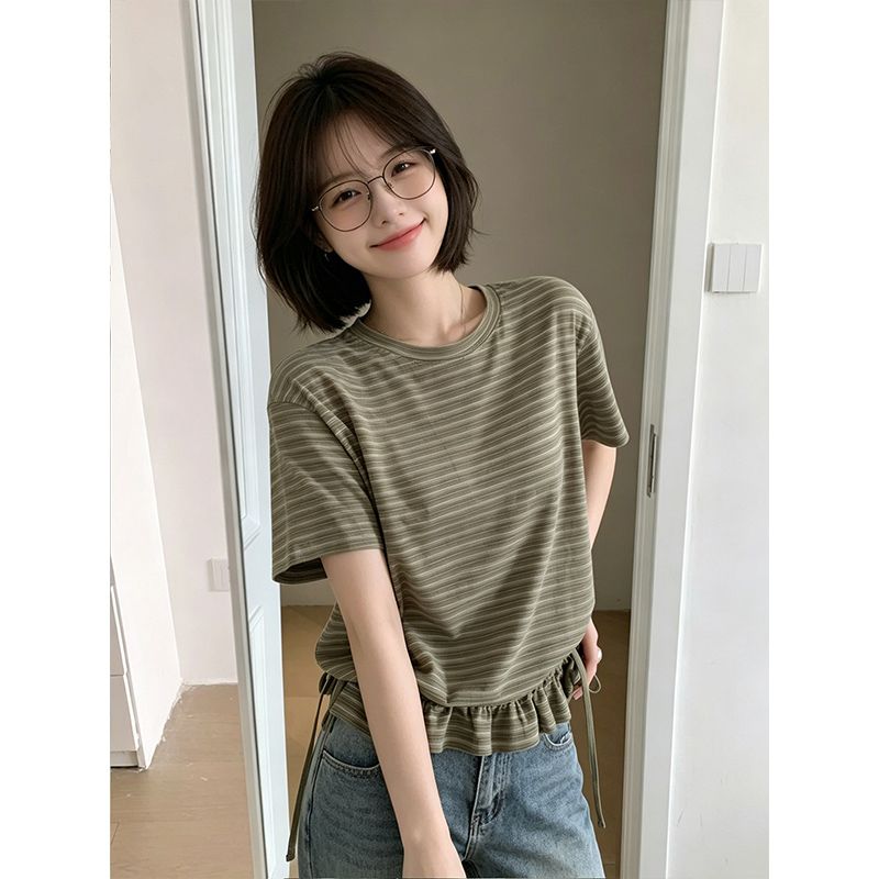 니트 컬러 짜임 기사 빅 사이즈 2026 여름 반팔 캐주얼 다용도 네클라인 밑단 펌프 로프 주름 스트라이프 맨위