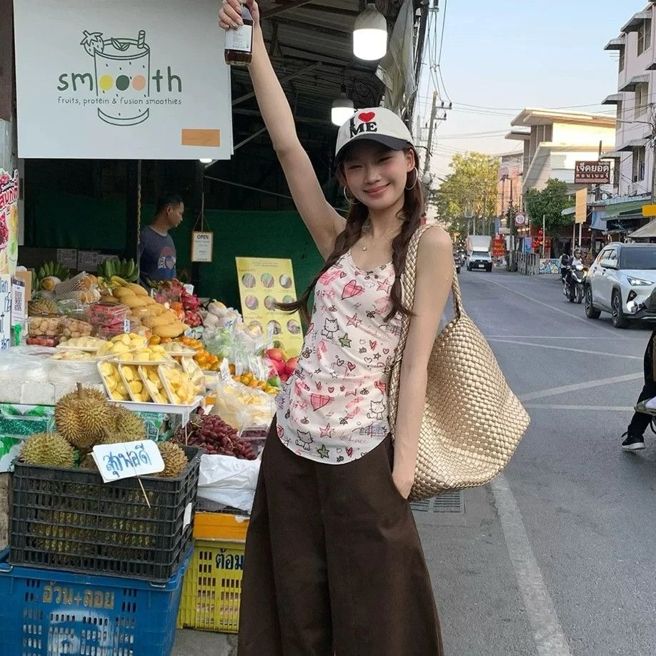 모달 면 프린트 백리스 행침 목 허리 수축 조끼 여성 핫걸 슬림해 보이는 민소매 만나는 맨위